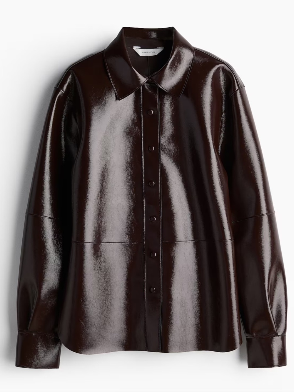 H&M Dark Brown Glossy Faux Leather Shirt Jacket